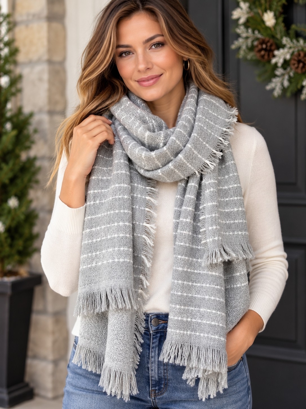 Old Navy Grey & White Striped Fringed Blanket Scarf
